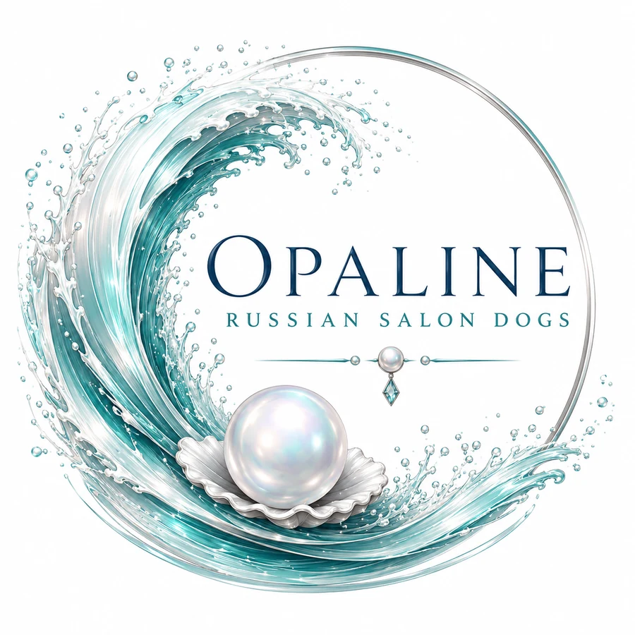 Opaline Russian Salon Dogs logo featuring an ocean wave and pearl